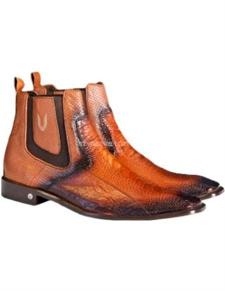 Men's Handcrafted Faded Cognac Vestigium Ostrich Leg Chelsea Boots - AlbertoNardoniStore