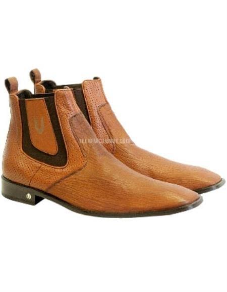 Men's Handmade Cognac Vestigium Genuine Sharkskin Chelsea Boots - Mens Light Brown Mens Dress Shoes - AlbertoNardoniStore