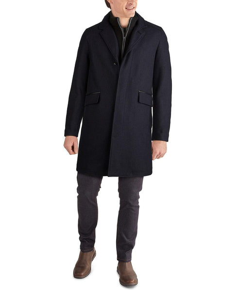 Men's Layered Look Classic-Fit Twill Topcoat with Faux-Leather Trim - Navy - AlbertoNardoniStore