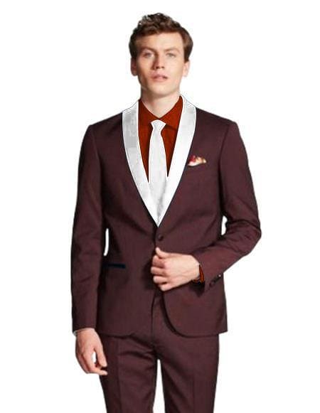 Men's Shawl Lapel Maroon/White ~ Wine ~ Maroon Suit Tuxedo Burgundy Suit - AlbertoNardoniStore