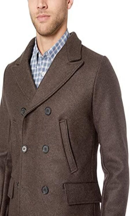 Billy Reid Men's Wool Double Breasted Bond Peacoat with Leather Details - Brown - AlbertoNardoniStore