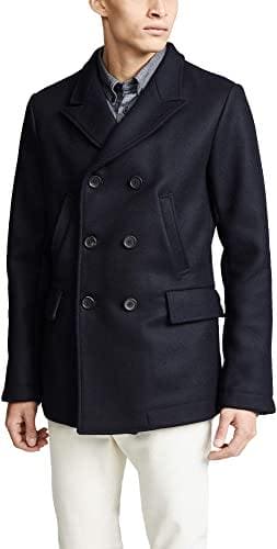 Billy Reid Men's Wool Double Breasted Bond Peacoat with Leather Details - Navy - AlbertoNardoniStore