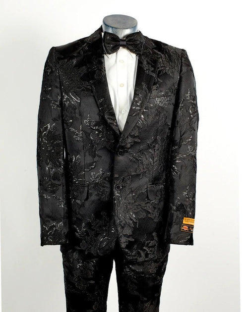 Mens 2 Button Black Shiny Floral Paisley Prom and Wedding Tuxedo - AlbertoNardoniStore