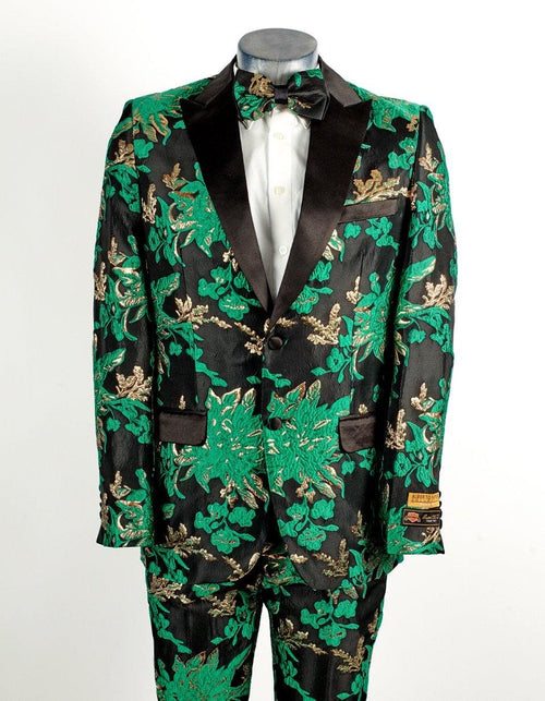 Mens 2 Button Hunter Green, Gold, & Black Floral Paisley Tuxedo - AlbertoNardoniStore