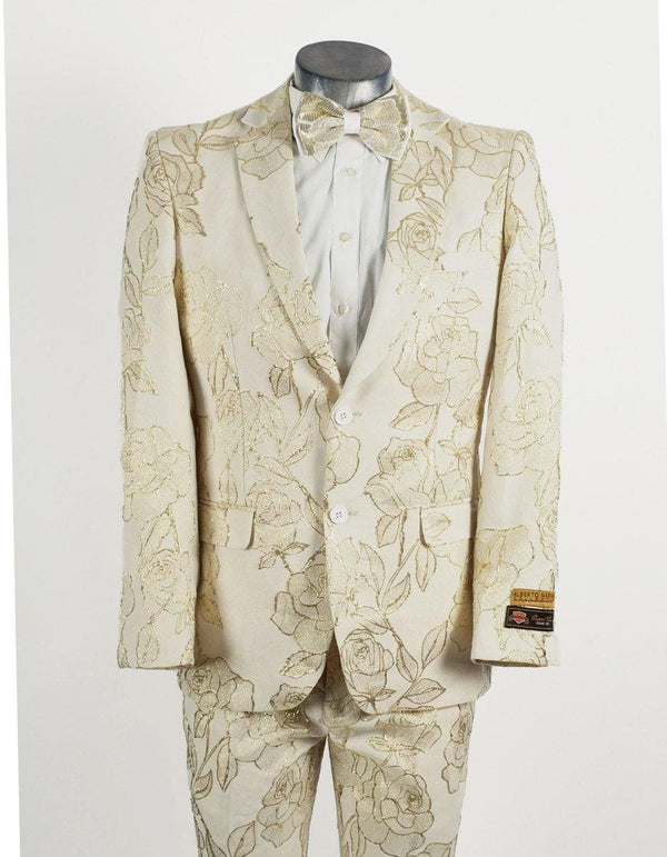 Mens 2 Button Ivory & Gold Foil Floral Paisley Prom & Wedding Tuxedo - AlbertoNardoniStore