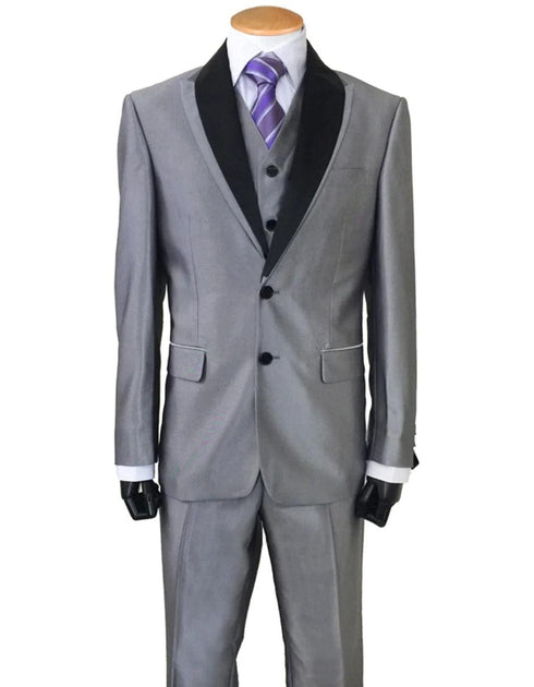 Mens 2 Button Sharkskin Tuxedo with Satin Shawl in Silver - AlbertoNardoniStore