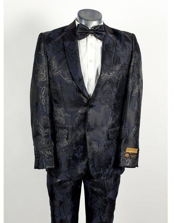 Mens 2 Button Shiny Black & Navy Floral Paisley Prom & Wedding Tuxedo - AlbertoNardoniStore