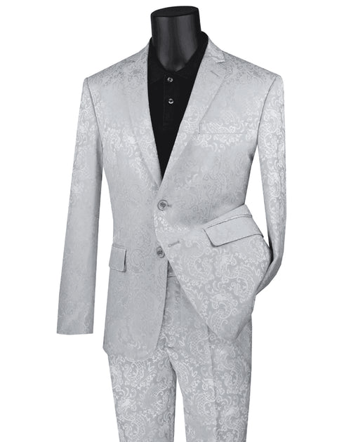 Mens 2 Button Slim Fit Paisley Prom Suit in Silver - AlbertoNardoniStore