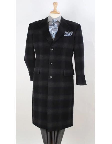 Mens - 3 Button Coat Black Window Pane Plaid Chesterfield Overcoat - AlbertoNardoniStore