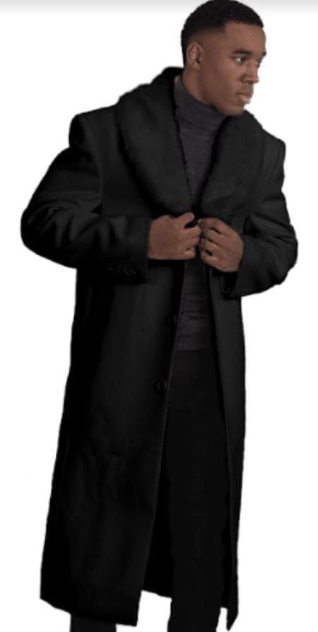 Mens Black Overcoat With Fur Collar For Sale - AlbertoNardoniStore