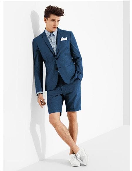 Mens Blazer With Shorts - Denim Blue Suit - AlbertoNardoniStore