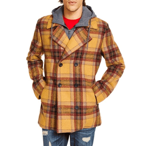 Mens Brown Plaid Pea Coat Wool Checkered Peacoat