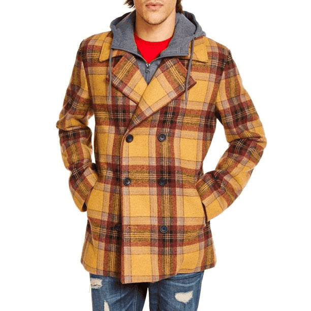 Mens Brown Plaid Pea Coat - Wool Checkered Peacoat - AlbertoNardoniStore