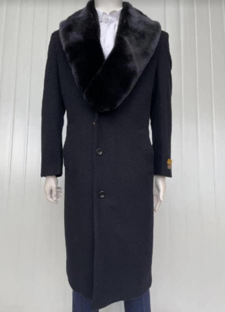 Mens Cashmere Blend Black Coat Long length - Cashmere Long Overcoat - AlbertoNardoniStore