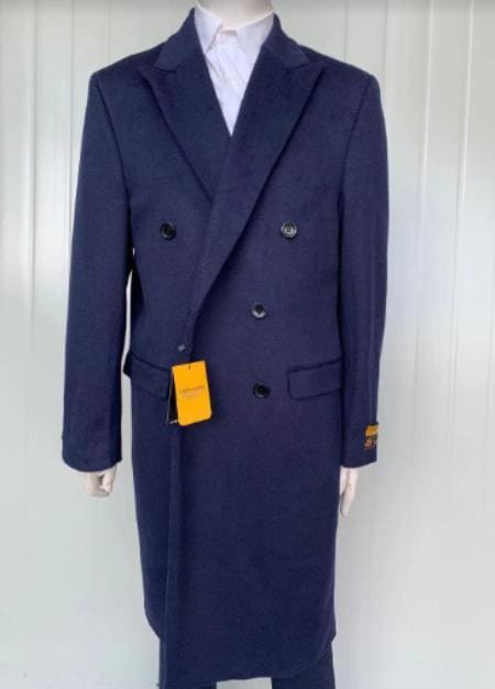 Mens Cashmere Blend Blue Full length Overcoat - AlbertoNardoniStore