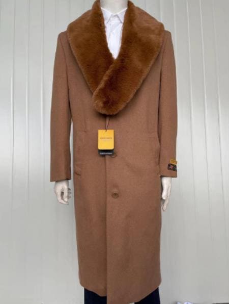 Mens Cashmere Blend Brown Full length Overcoat - AlbertoNardoniStore