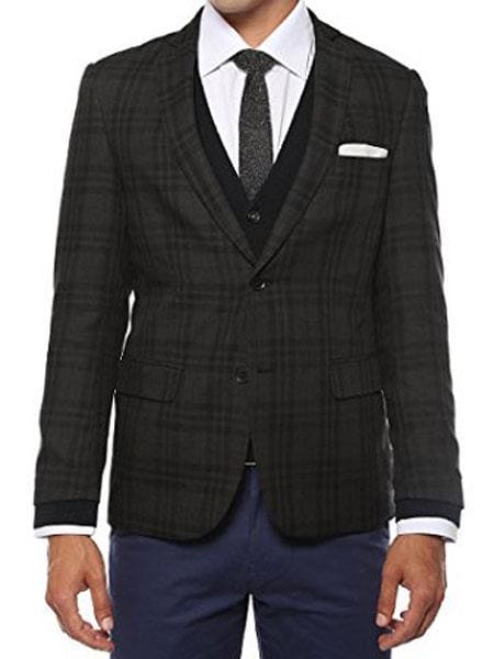 Mens Charcoal Blazer - Ferrecci Men's Plaid Slim Fit Charcoal Vested Blazer Dinner Jacket - AlbertoNardoniStore