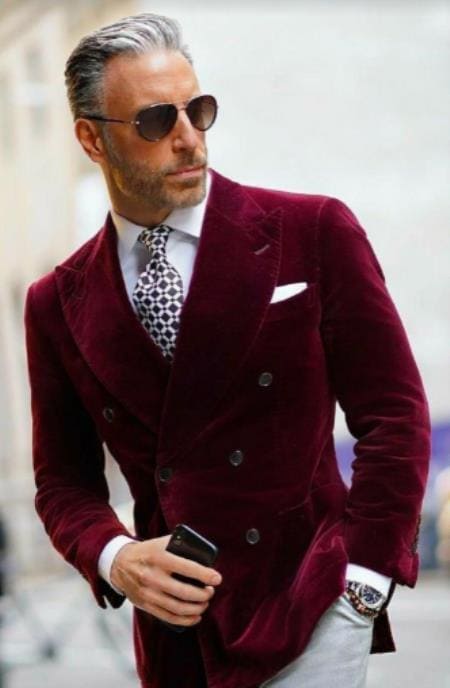 Mens Double Breasted Velvet Blazer - Burgundy blazer - AlbertoNardoniStore