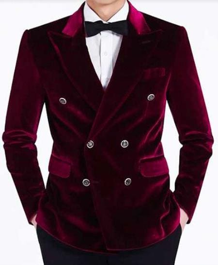 Mens Double Breasted Velvet Blazer - Burgundy blazer - AlbertoNardoniStore