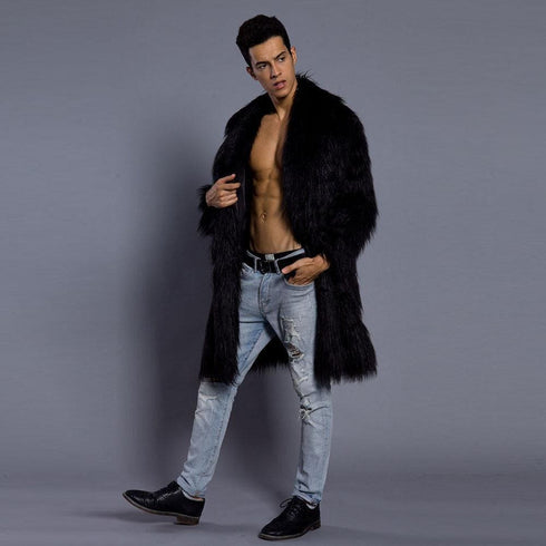 Mens Faux Fur Coats Jacket Fur Men black Thick Fake Coat Men Long Jacket Faux Leather Coats - AlbertoNardoniStore