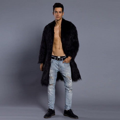 Mens Faux Fur Coats Jacket Fur Men black Thick Fake Coat Men Long Jacket Faux Leather Coats - AlbertoNardoniStore