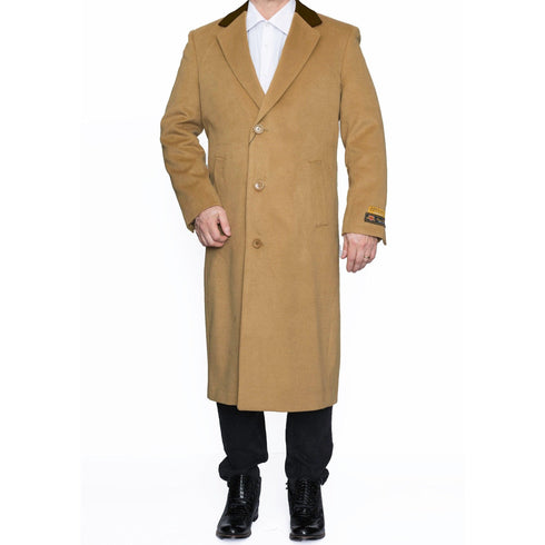 Mens Full Length 3 Button Wool Overcoat in Camel with Brown Velvet Collar - AlbertoNardoniStore