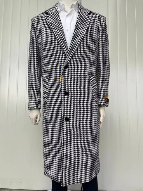 Mens Full Length Wool and Cashmere Overcoat - Winter Topcoats - Black and White - AlbertoNardoniStore