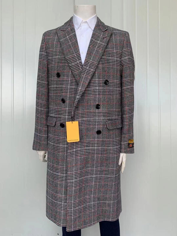 Mens Full Length Wool and Cashmere Overcoat - Winter Topcoats - Check Coat - AlbertoNardoniStore