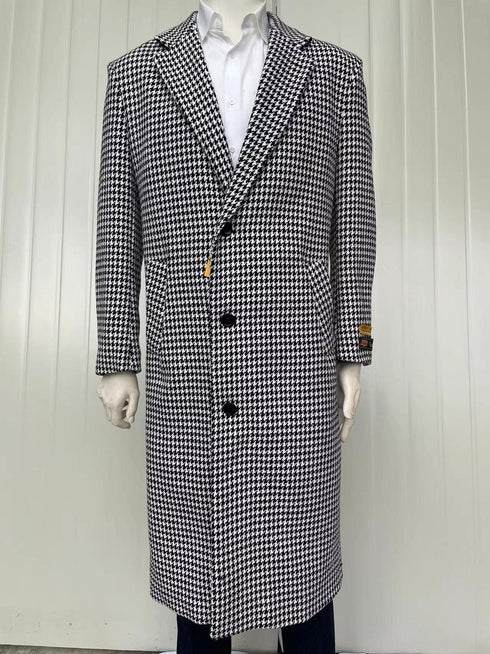 Mens Full Length Wool and Cashmere Overcoat - Winter Topcoats - Doted White Black Coat - AlbertoNardoniStore