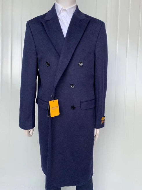 Mens Full Length Wool and Cashmere Overcoat - Winter Topcoats - Navy - AlbertoNardoniStore