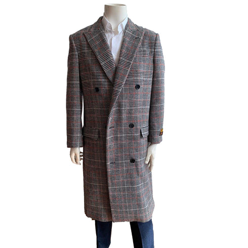 Mens Full Length Wool Double Breasted Overcoat Grey Plaid - AlbertoNardoniStore