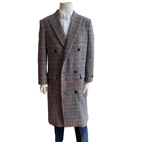 Mens Full Length Wool Double Breasted Overcoat Grey Plaid - AlbertoNardoniStore