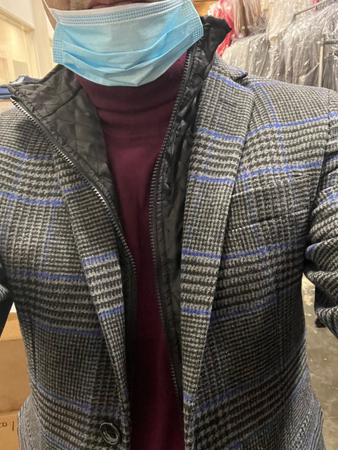 Mens Houndstooth Charcoal Grey With Blue Pattern Plaid Blazer - Windowpane Sport Coat - AlbertoNardoniStore