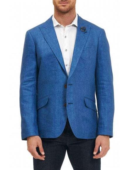 Mens Lightweight Blazer - Men's Blue 100% Linen Designer Fashion Dress Casual Blazer - AlbertoNardoniStore