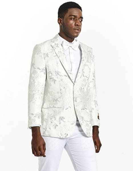 Mens Modern Fit White & Silver Floral Prom Tuxedo Blazer - AlbertoNardoniStore