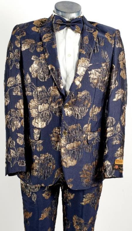 Mens Navy Blue And Gold 2 Button Floral Paisley And Wedding Tuxedo - AlbertoNardoniStore