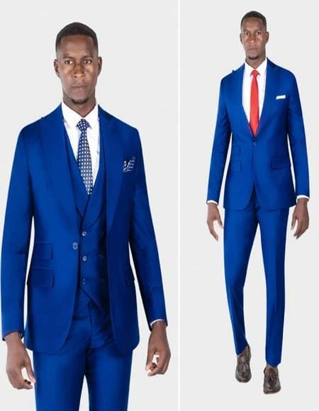 Mens One Button Peak Label Blue Suit - AlbertoNardoniStore