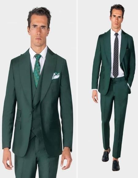 Mens One Button Peak Label Olive Green Suit - AlbertoNardoniStore