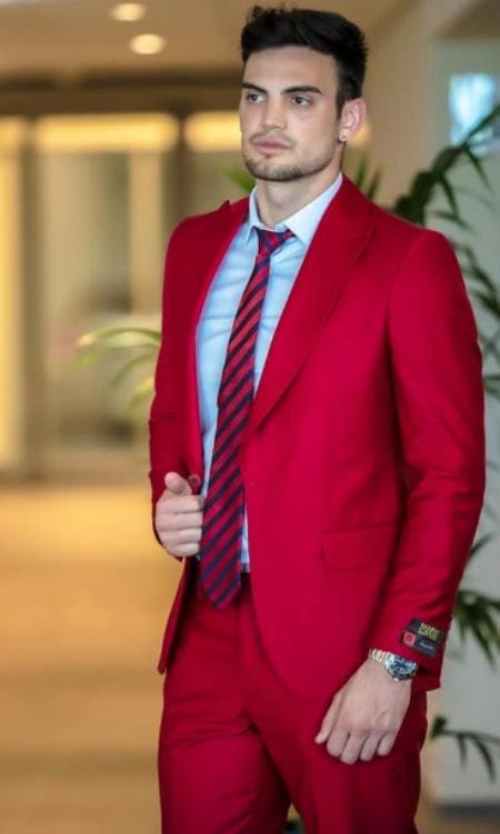 Mens One Button Peak Label Red Suit - AlbertoNardoniStore