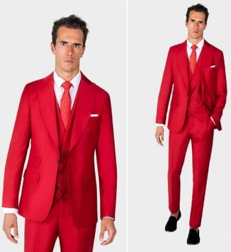 Mens One Button Peak Label Red Suit - AlbertoNardoniStore