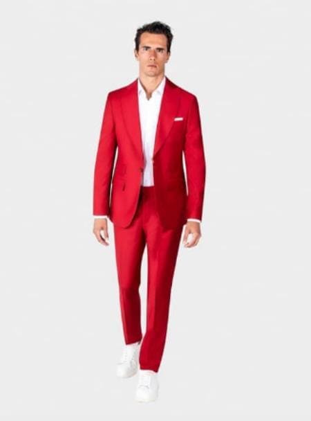 Mens One Button Peak Label Red Suit - AlbertoNardoniStore