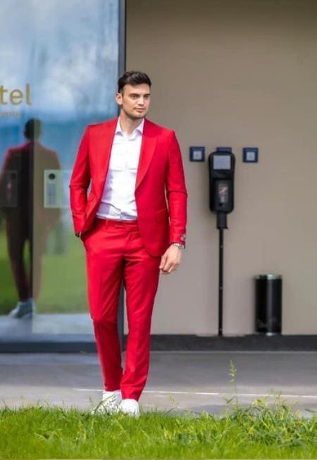 Mens One Button Peak Lapel Red Suit - AlbertoNardoniStore