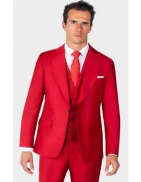 Mens One Button Single Breasted Notch Lapel Suit Red - AlbertoNardoniStore