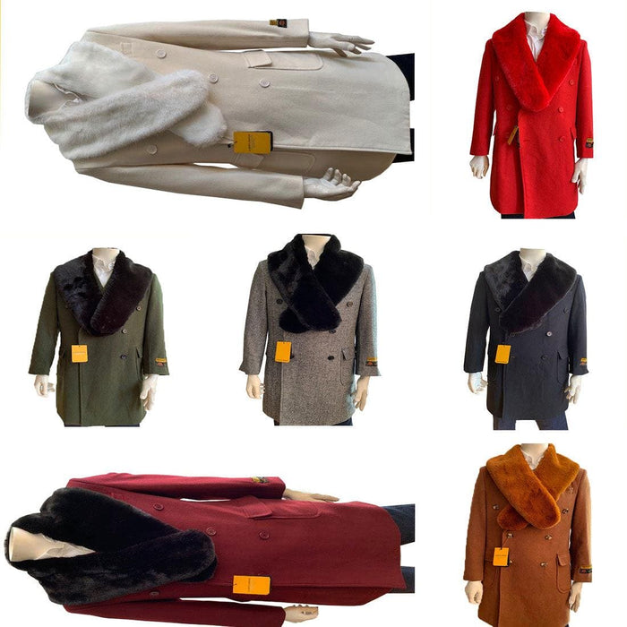 Mens Overcoat With Fur Collar - Double Breasted Cashmere And Wool Topcoat in 14 Colors - AlbertoNardoniStore
