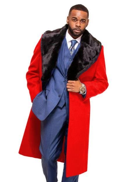 Mens Red Fur Collar Overcoat - AlbertoNardoniStore