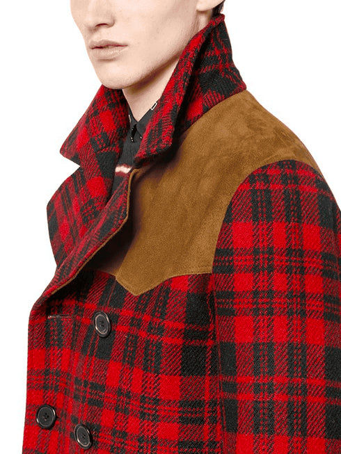 Mens Red Plaid Pea Coat - Wool Checkered Peacoat - AlbertoNardoniStore