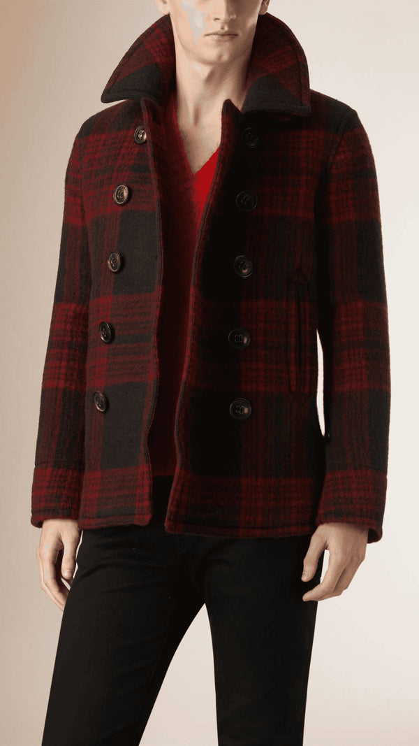 Mens Red Plaid Pea Coat - Wool Checkered Peacoat - AlbertoNardoniStore