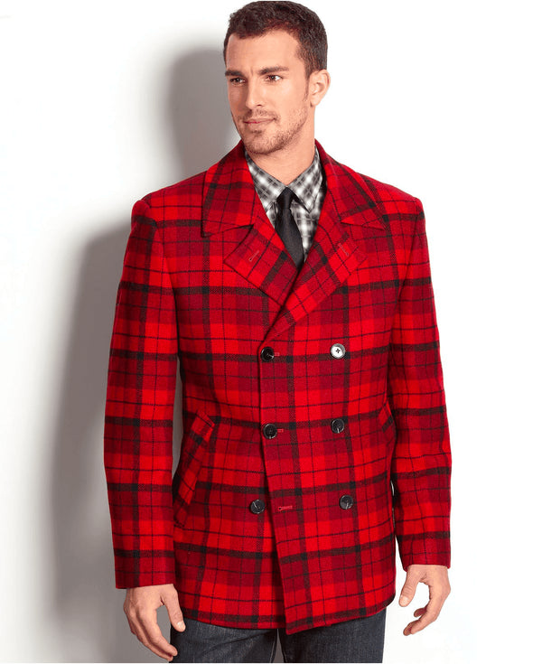 Mens Red Plaid Pea Coat - Wool Checkered Peacoat - AlbertoNardoniStore