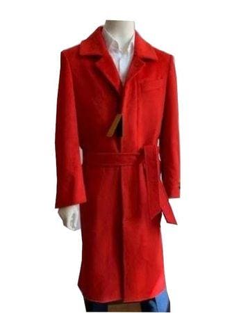 Mens Red Wool Belted Overcoat Long Coat Full Length Belt-Coat IS - AlbertoNardoniStore