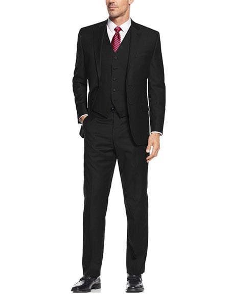 Men's Portly Fit Executive Cut Solid Black Two Button 2 Piece Wool Suit